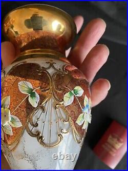 Bohemian Heritage 24CT Gold Iridescent Glass Vase Enameled Florals Signed #'D