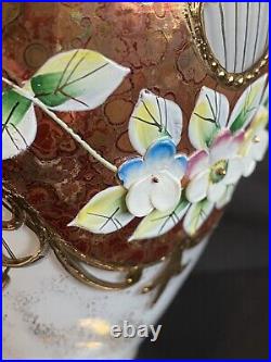 Bohemian Heritage 24CT Gold Iridescent Glass Vase Enameled Florals Signed #'D