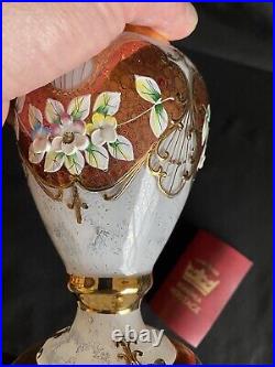 Bohemian Heritage 24CT Gold Iridescent Glass Vase Enameled Florals Signed #'D