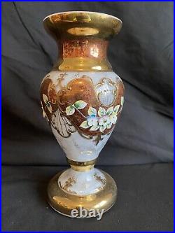 Bohemian Heritage 24CT Gold Iridescent Glass Vase Enameled Florals Signed #'D