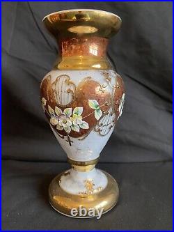 Bohemian Heritage 24CT Gold Iridescent Glass Vase Enameled Florals Signed #'D