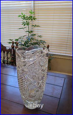 Brilliant Vintage Large 15 Cut Glass Crystal Star & Button Vase Artist Signed