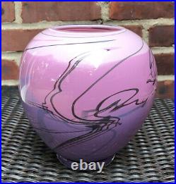 Bruce Freund Art Glass Bowl Vase Hand Blown 1987 Pink Purple Black Signed 80's