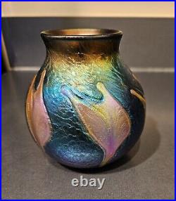 CHARLES LOTTON IRIDESCENT Art Glass Vase 1995 Signed Blue Pink Gold MULTICOLOR