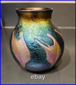 CHARLES LOTTON IRIDESCENT Art Glass Vase 1995 Signed Blue Pink Gold MULTICOLOR