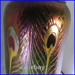 CHARLES LOTTON SIGNED Iridescent Peacock Vase 1997. 14 High GORGEOUS