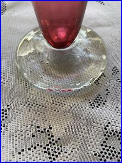 CRANBERRY GLASS TRUMPET VASE HAND BLOWN withCLEAR BASE PONTIL SIGNED