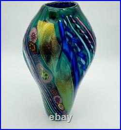 Colorful blown art glass vase signed dated millefiori with gold flaskes 17
