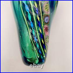 Colorful blown art glass vase signed dated millefiori with gold flaskes 17