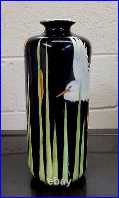 Contemporary Modern Vintage Painted Glass Vase Vessel W Birds Signed 1980s