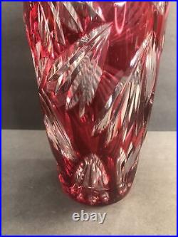 Crystal Cut To Clear Glass Vase/Signed Val St Lambert/Red Color/Belgium C. 1950