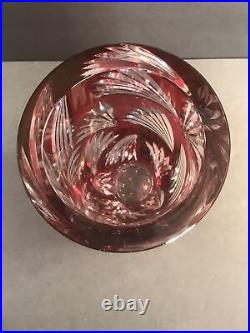 Crystal Cut To Clear Glass Vase/Signed Val St Lambert/Red Color/Belgium C. 1950