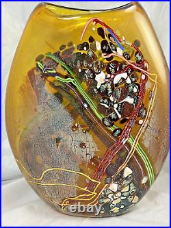 Dan Bergsma Studio Glass Painted Over Amber Gold Yellow Hand Blown Vase Signed