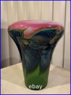 Daniel Lotton Art Glass Vase Pink and Green Leaf and Vine Signed