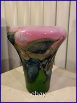 Daniel Lotton Art Glass Vase Pink and Green Leaf and Vine Signed