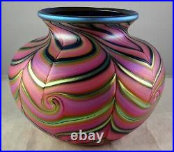 Daniel Lotton Studio Art Glass Pulled Feather Urn Vase Pink withCobalt Blue Base