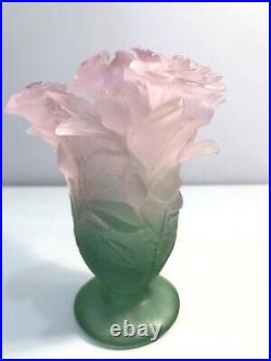 Daum France 7 Crystal Pate De Verre Roses Vase Pink Green Flowers Mint