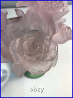 Daum France 7 Crystal Pate De Verre Roses Vase Pink Green Flowers Mint