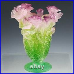 Daum France Crystal glass Pate De Verre 7 Vase Pink Roses green leafs signed
