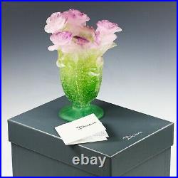 Daum France Crystal glass Pate De Verre 7 Vase Pink Roses green leafs signed
