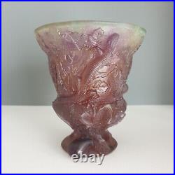 Daum France Pate De Verre Fig Leaves Lizard Art Glass Vase Signed Purple Green