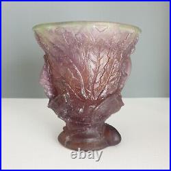 Daum France Pate De Verre Fig Leaves Lizard Art Glass Vase Signed Purple Green