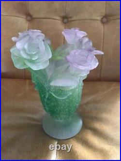 Daum Nancy Vase Green with Pink Roses Footed Signed By Artist