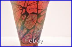 David Lindsay Hand Blown Iridescent Art Glass Fluted Ruffled Vase Signed 8 Tall