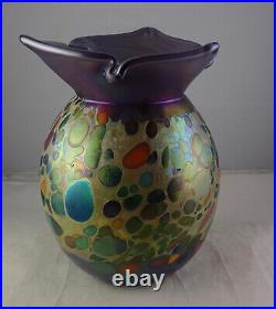 David Tate Iridescent Oil Spot Multicolored Signed Studio Art Glass Vase