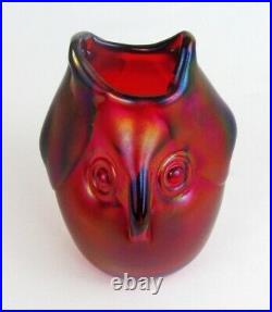 Dominick Labino 1975 Red Iridescent Studio Art Glass Owl Vase Figurine