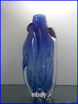 Donna FEIN Early Glass Vase Studio Art 80's Vintage Hand Blown Blue Clear SIGNED