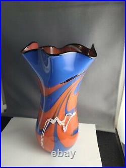 Dutch Schulze 10 Inch Hand Blown Glass Vase signed. Red White Blue
