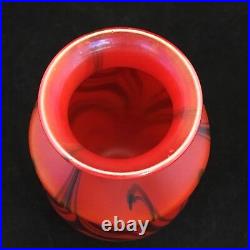 EARLY 1973 Signed Charles Lotton Mandarin Red Vase 5 3/8 Tall Pulled Feather