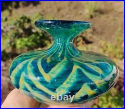 Early 70's signed MDINA Art Studio Glass Vase Teal Green & Seaweed Color