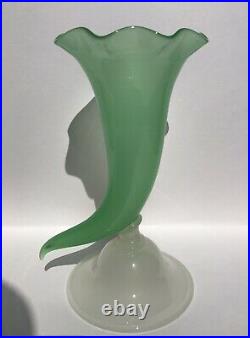 Early Carder Steuben Jade and Alabaster Cornucopia 8 Inch Vase. Mint. Marked