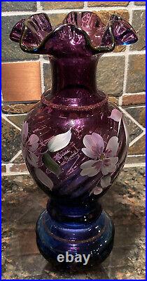 FENTON 1996 Mulberry Glass Vase Signed Bill Fenton 50 Years Hand Painted Gessel