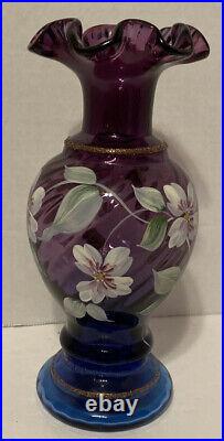 FENTON 1996 Mulberry Glass Vase Signed Bill Fenton 50 Years Hand Painted Gessel