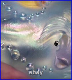 FENTON Atlantis Vase Koi Fish Misty Blue Opalescent irridized Signed 1990s