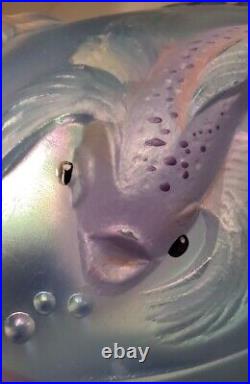 FENTON Atlantis Vase Koi Fish Misty Blue Opalescent irridized Signed 1990s