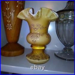 FENTON Glass Amber Brown/Bone White Handpainted Signed Floral Vase Cased Glass