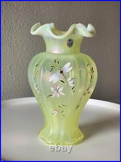 FENTON Lily Trail TOPAZ IRIDESCENT Art Glass VASE 9 Signed P Thornley GLOWS