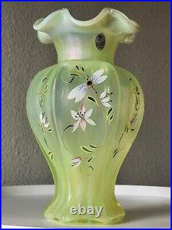 FENTON Lily Trail TOPAZ IRIDESCENT Art Glass VASE 9 Signed P Thornley GLOWS