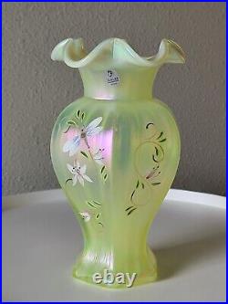 FENTON Lily Trail TOPAZ IRIDESCENT Art Glass VASE 9 Signed P Thornley GLOWS