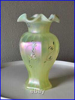 FENTON Lily Trail TOPAZ IRIDESCENT Art Glass VASE 9 Signed P Thornley GLOWS