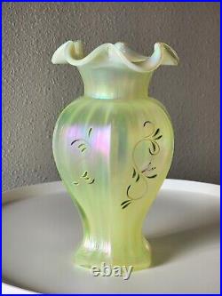 FENTON Lily Trail TOPAZ IRIDESCENT Art Glass VASE 9 Signed P Thornley GLOWS