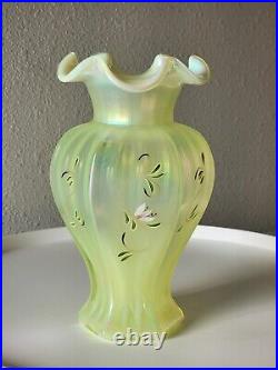 FENTON Lily Trail TOPAZ IRIDESCENT Art Glass VASE 9 Signed P Thornley GLOWS