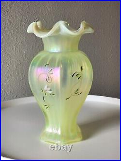 FENTON Lily Trail TOPAZ IRIDESCENT Art Glass VASE 9 Signed P Thornley GLOWS