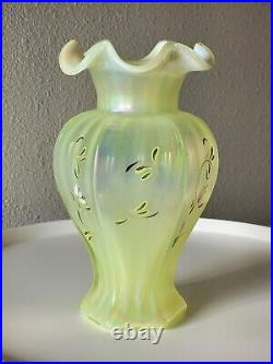 FENTON Lily Trail TOPAZ IRIDESCENT Art Glass VASE 9 Signed P Thornley GLOWS