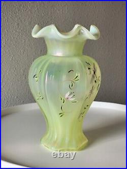 FENTON Lily Trail TOPAZ IRIDESCENT Art Glass VASE 9 Signed P Thornley GLOWS