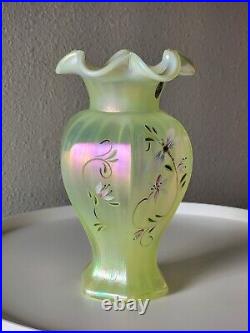 FENTON Lily Trail TOPAZ IRIDESCENT Art Glass VASE 9 Signed P Thornley GLOWS